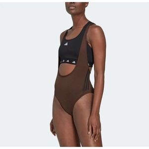 Adidas Women's Sz L Brown Train Icons 3 Stripes One Piece Brown Leotard Suit $80